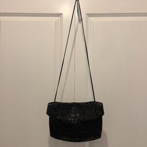 Whiting and Davis Black Shiny Metal Mesh Foldover Top Evening Bag